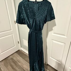 Simplee Apparel Dark Teal Satin Leopard Maxi Wrap Dress